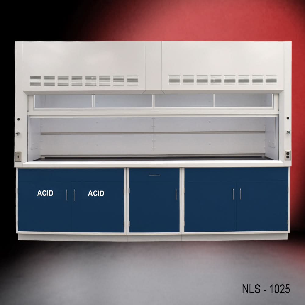 10′ x 48″ Fisher American Fume Hood w/ Blue ACID & General Storage Cabinets