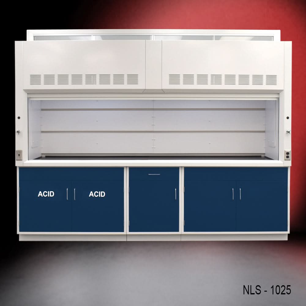 10′ x 48″ Fisher American Fume Hood w/ Blue ACID & General Storage Cabinets