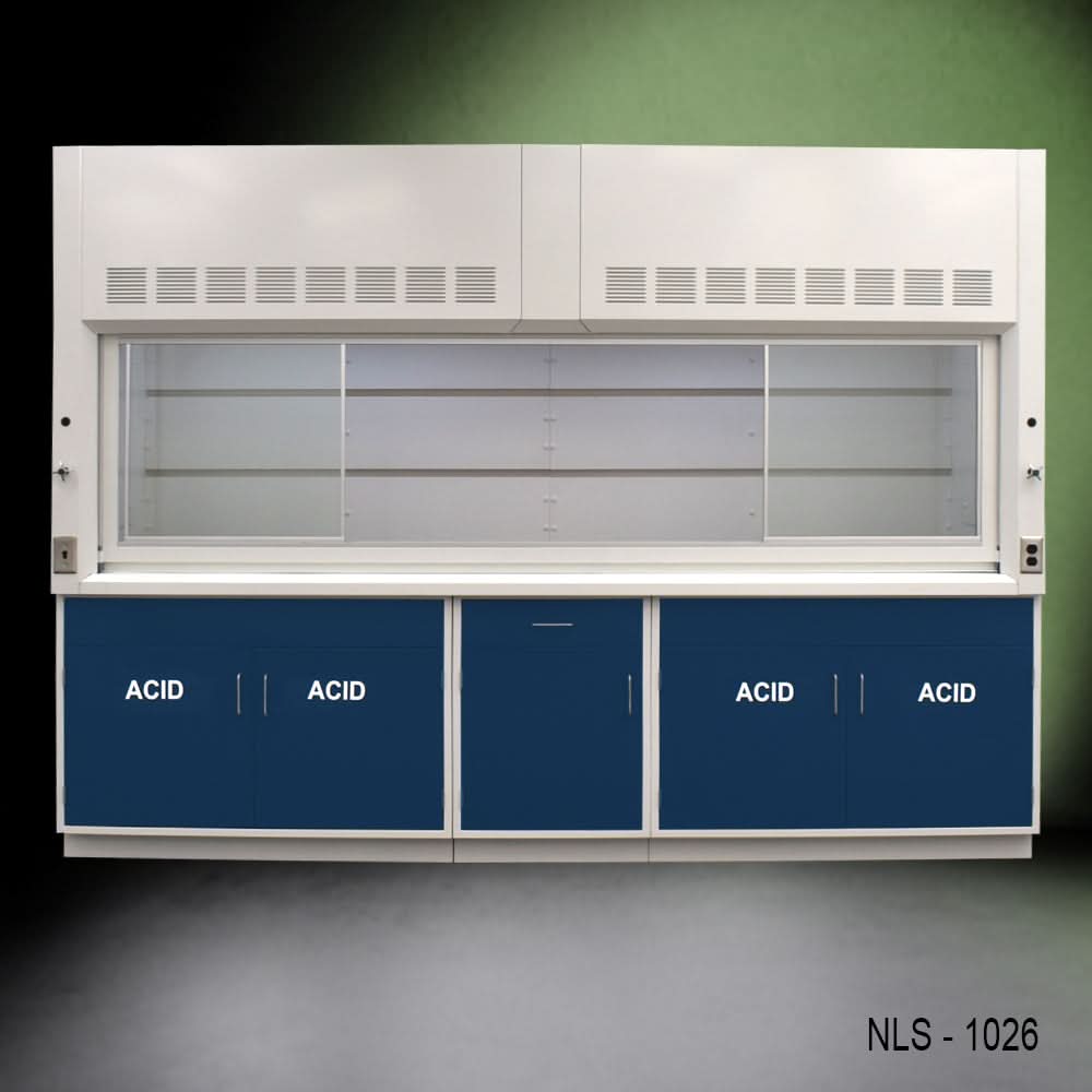 10′ x 48″ Fisher American Fume Hood w/ Blue ACID Storage Cabinets