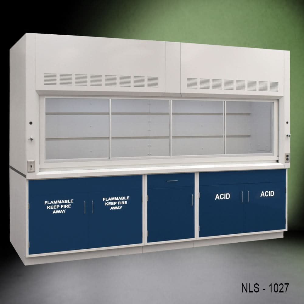 10′ x 48″ Fisher American Chemical Fume Hood w/ Blue ACID & Flammable Storage