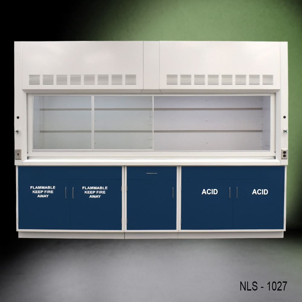 10′ x 48″ Fisher American Chemical Fume Hood w/ Blue ACID & Flammable Storage