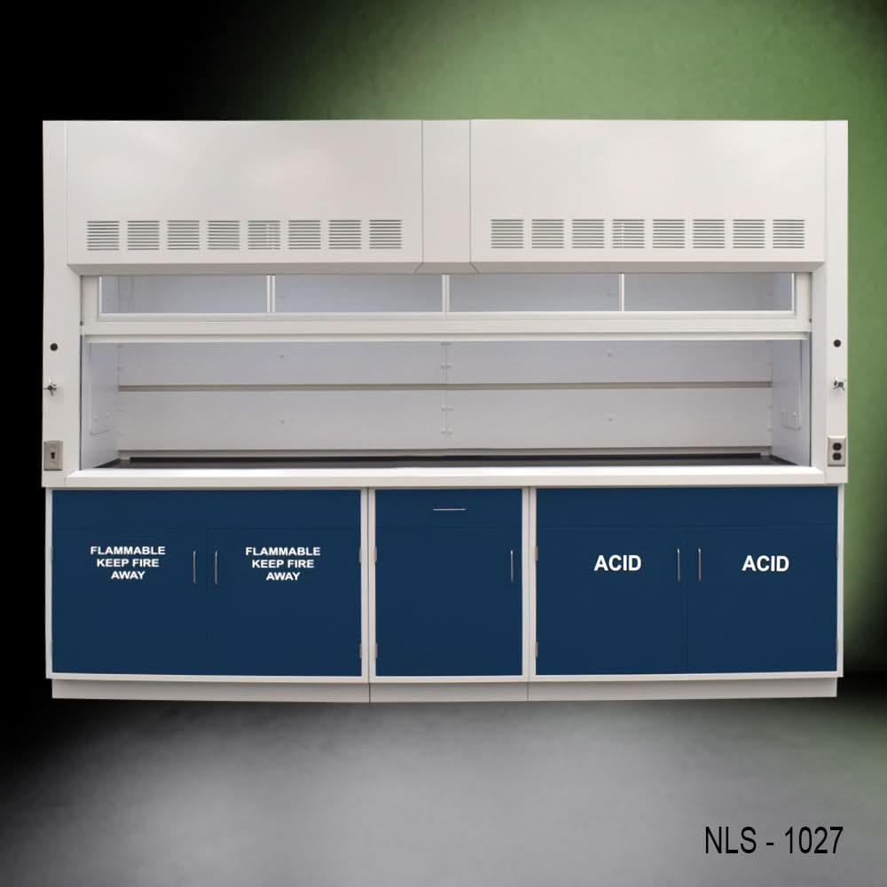 10′ x 48″ Fisher American Chemical Fume Hood w/ Blue ACID & Flammable Storage