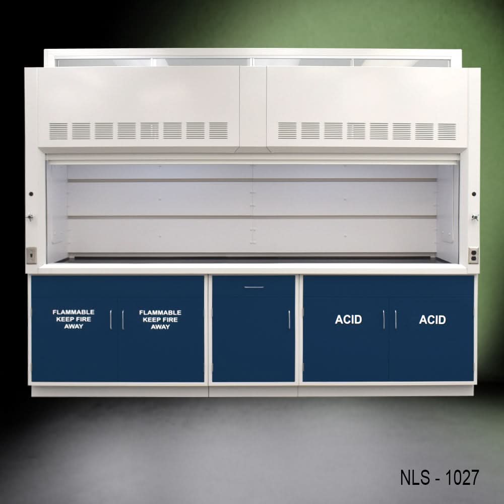 10′ x 48″ Fisher American Chemical Fume Hood w/ Blue ACID & Flammable Storage