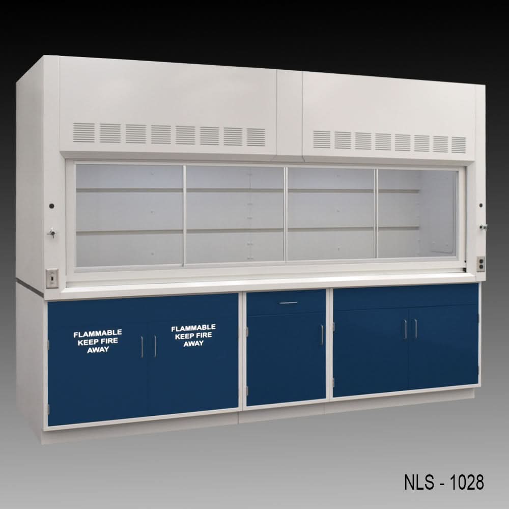 10′ x 48″ Fisher American Fume Hood w/ Blue Flammable & General Storage Cabinets