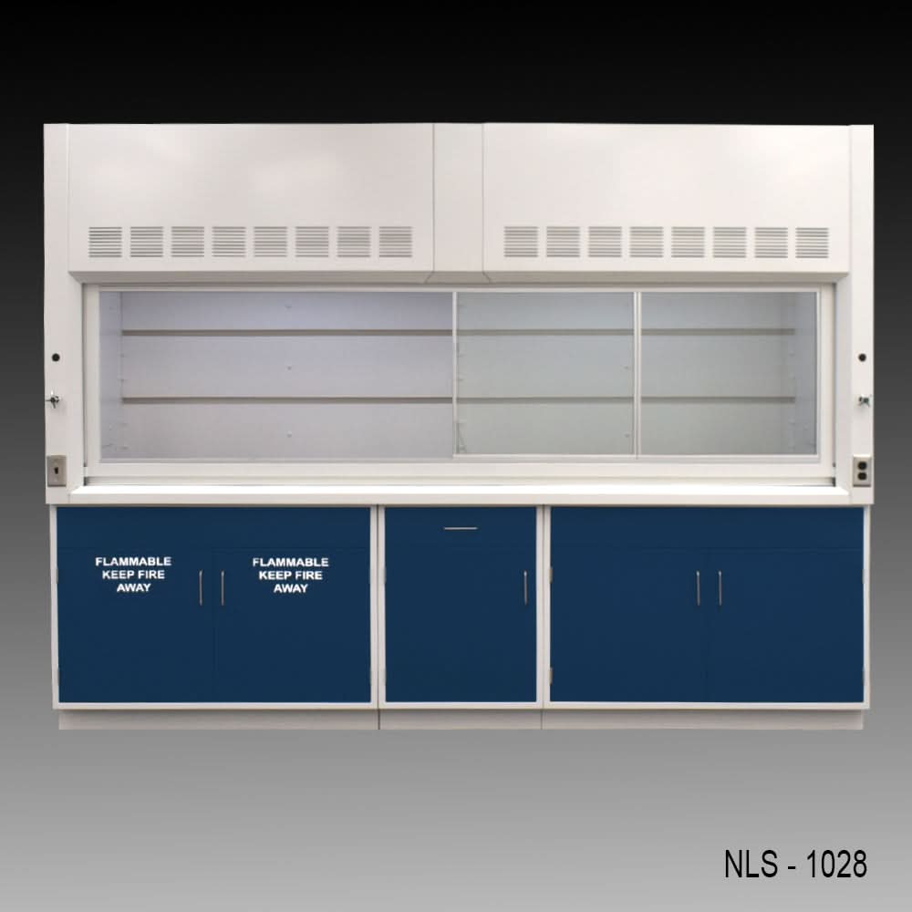 10′ x 48″ Fisher American Fume Hood w/ Blue Flammable & General Storage Cabinets