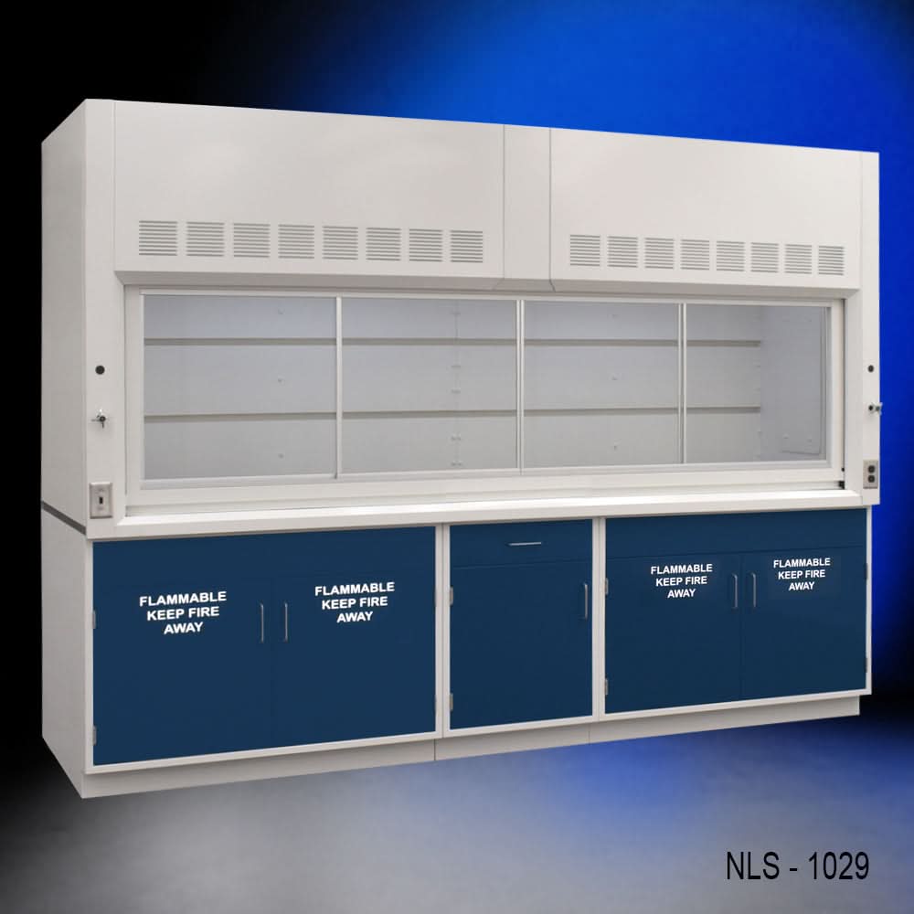 10′ x 48″ Fisher American Fume Hood w/ Blue Flammable Storage Cabinets