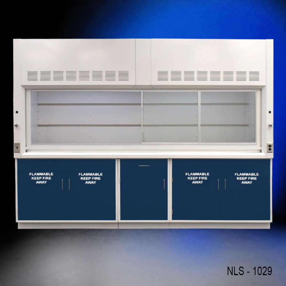 10′ x 48″ Fisher American Fume Hood w/ Blue Flammable Storage Cabinets