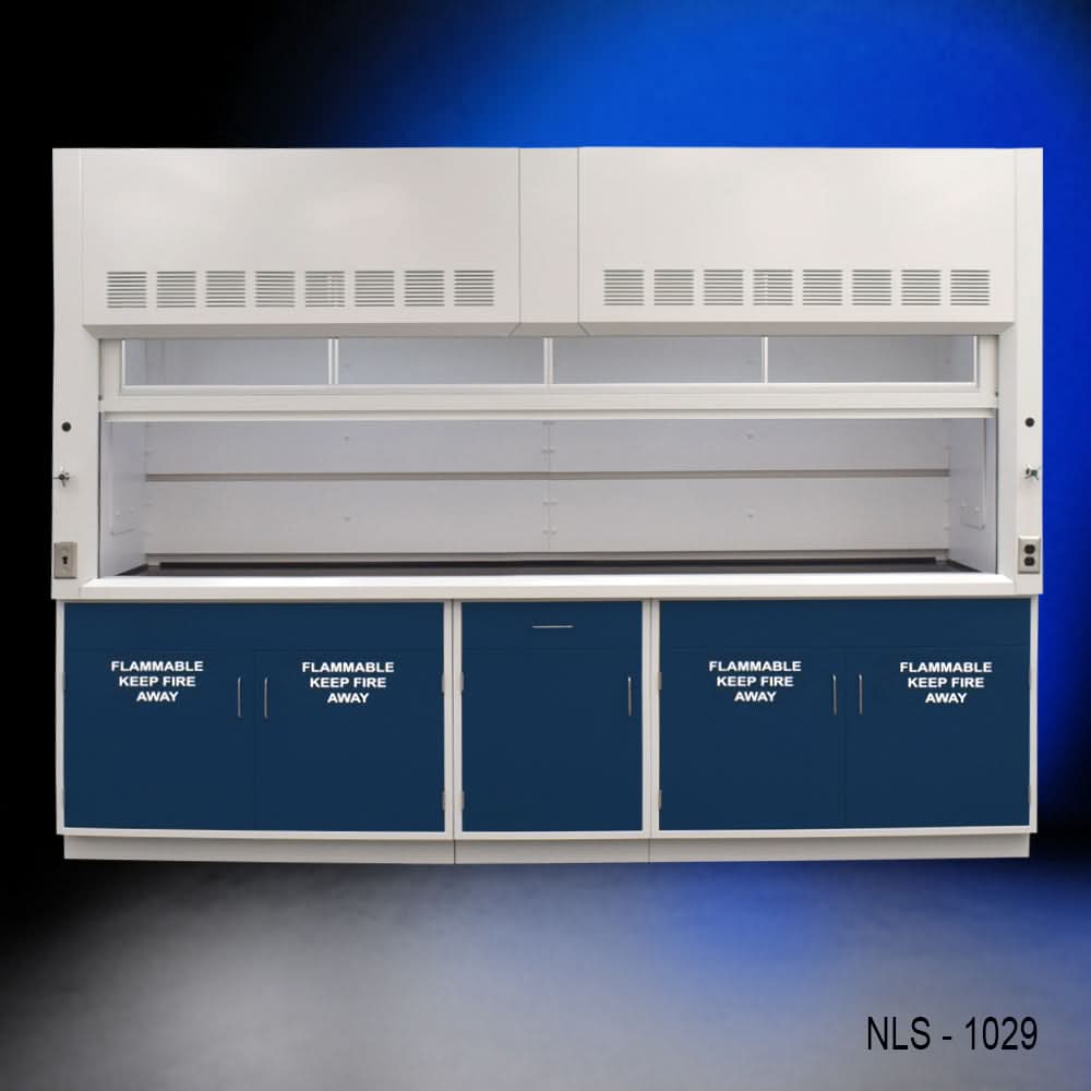 10′ x 48″ Fisher American Fume Hood w/ Blue Flammable Storage Cabinets