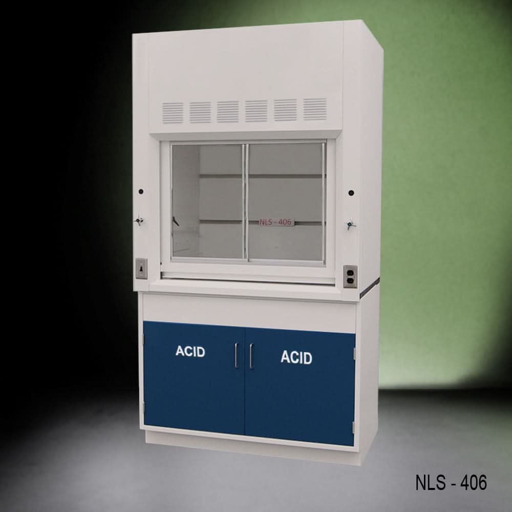 4′ Fisher American Fume Hood w/ Blue Acid Base Cabinets