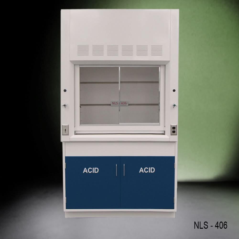4′ Fisher American Fume Hood w/ Blue Acid Base Cabinets