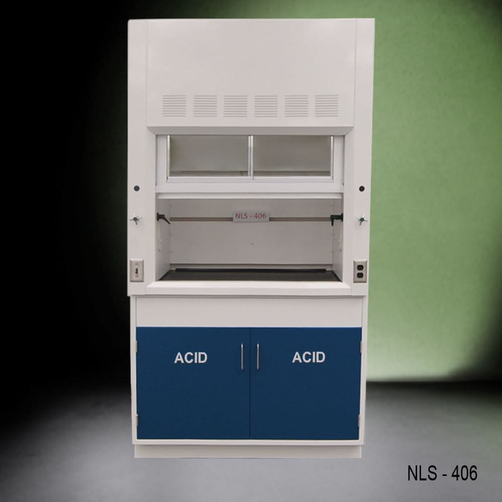 4′ Fisher American Fume Hood w/ Blue Acid Base Cabinets