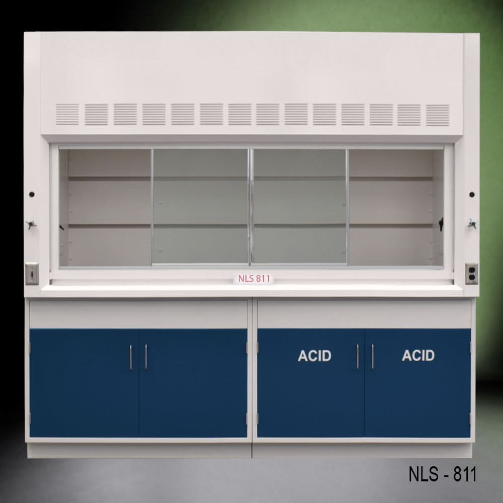 8′ Fisher American Fume Hood w/ Blue Acid Cabinets
