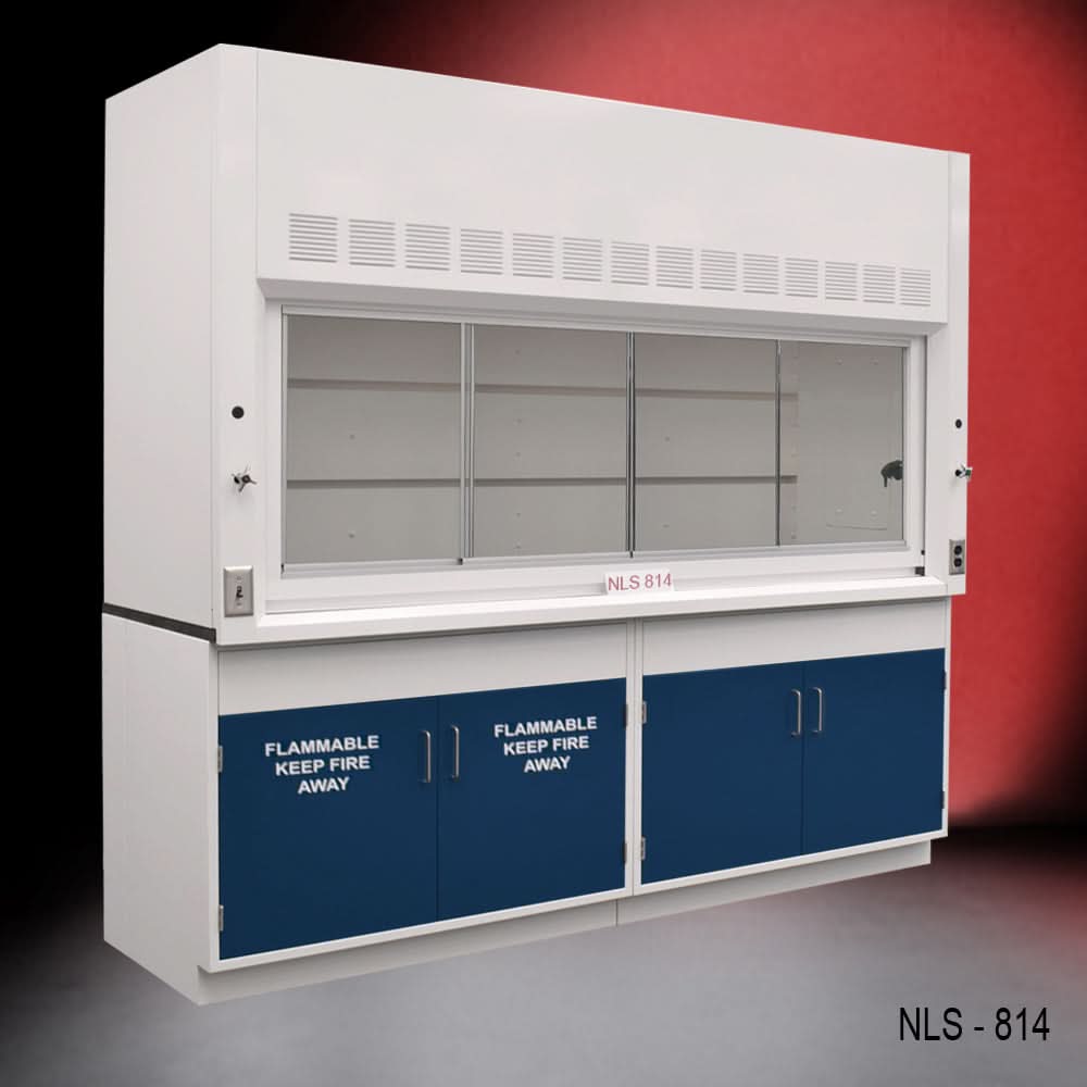 8′ Fisher American Fume Hood w/ Blue Flammable & General Storage Cabinets