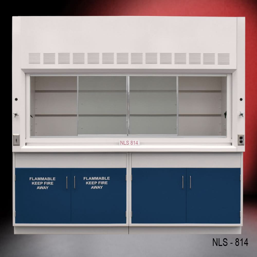 8′ Fisher American Fume Hood w/ Blue Flammable & General Storage Cabinets