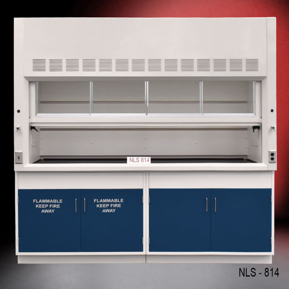 8′ Fisher American Fume Hood w/ Blue Flammable & General Storage Cabinets