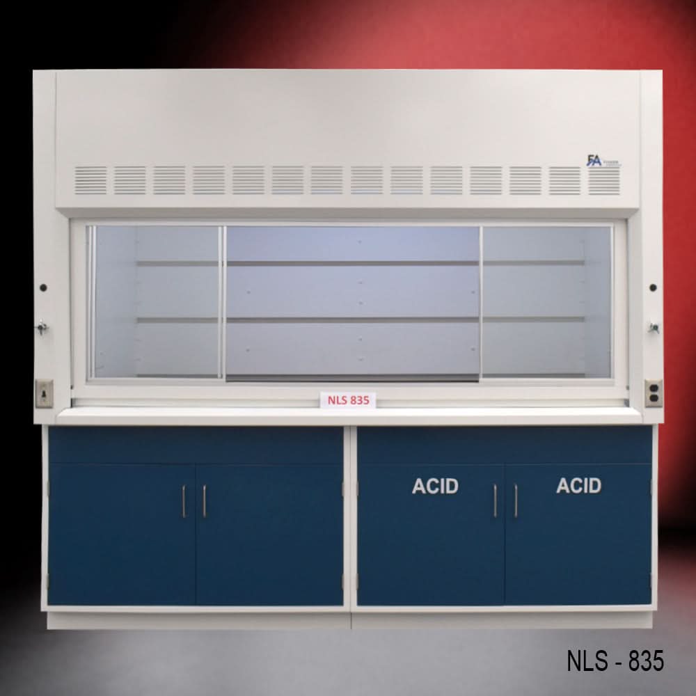 8′ x 4′ Fisher American Fume Hood w/ Blue Acid & General Cabinets