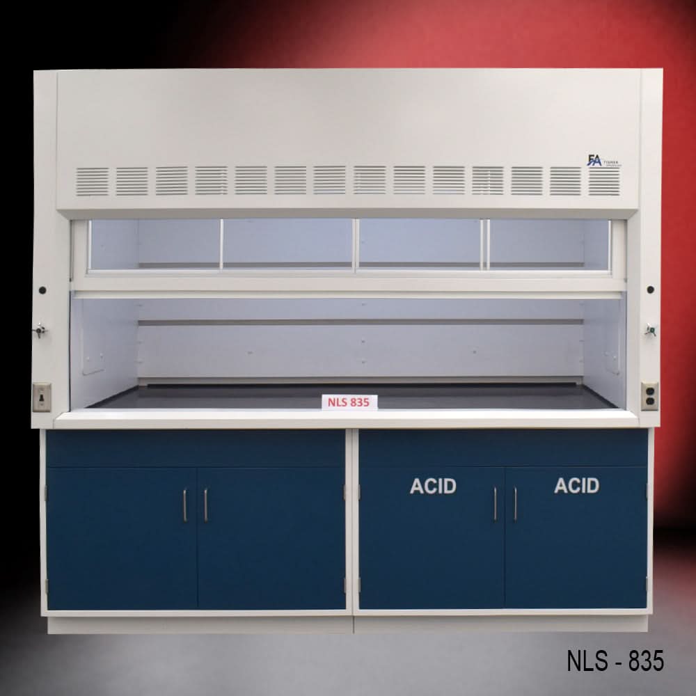 8′ x 4′ Fisher American Fume Hood w/ Blue Acid & General Cabinets