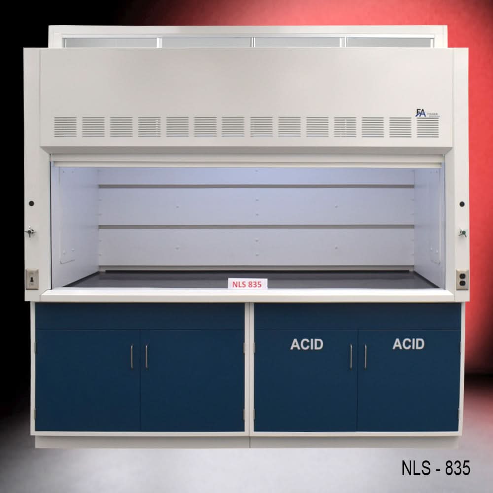 8′ x 4′ Fisher American Fume Hood w/ Blue Acid & General Cabinets