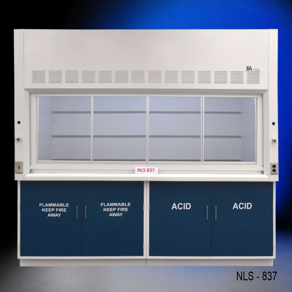8′ x 4′ Fisher American Fume Hood w/ Blue Flammable & Acid Cabinets