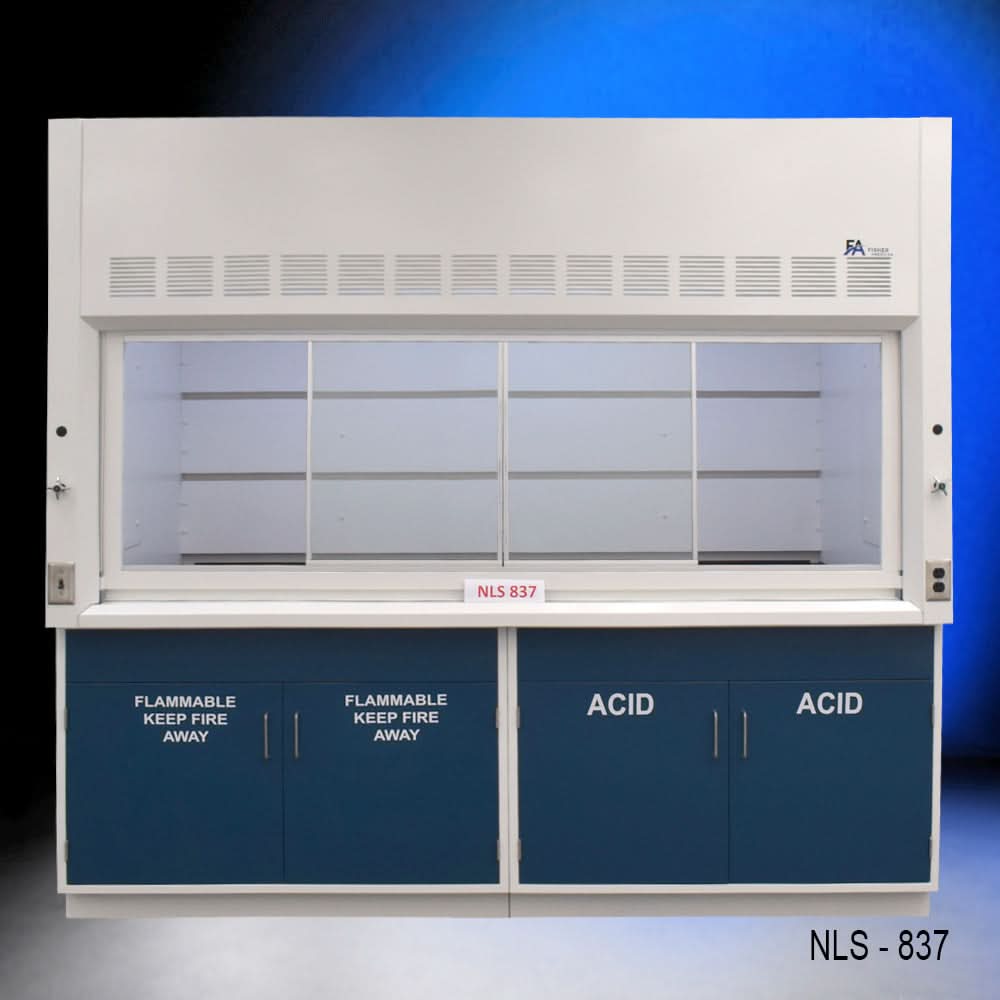 8′ x 4′ Fisher American Fume Hood w/ Blue Flammable & Acid Cabinets