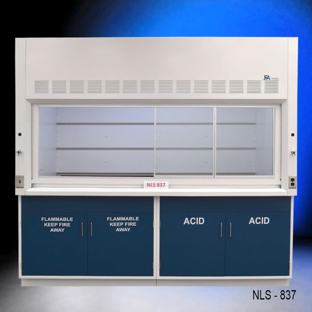8′ x 4′ Fisher American Fume Hood w/ Blue Flammable & Acid Cabinets