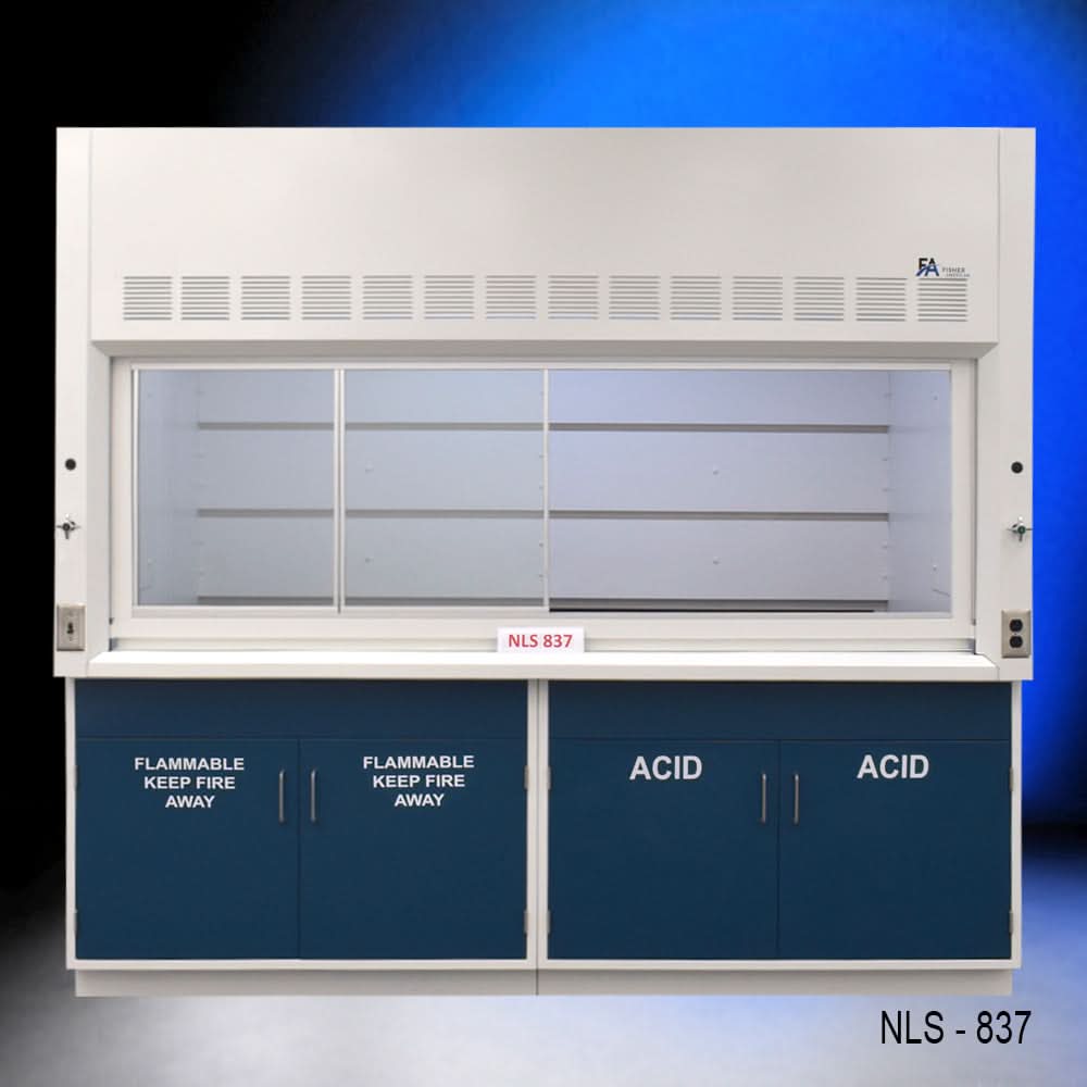 8′ x 4′ Fisher American Fume Hood w/ Blue Flammable & Acid Cabinets