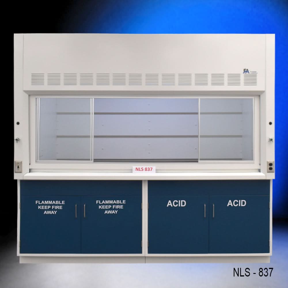 8′ x 4′ Fisher American Fume Hood w/ Blue Flammable & Acid Cabinets