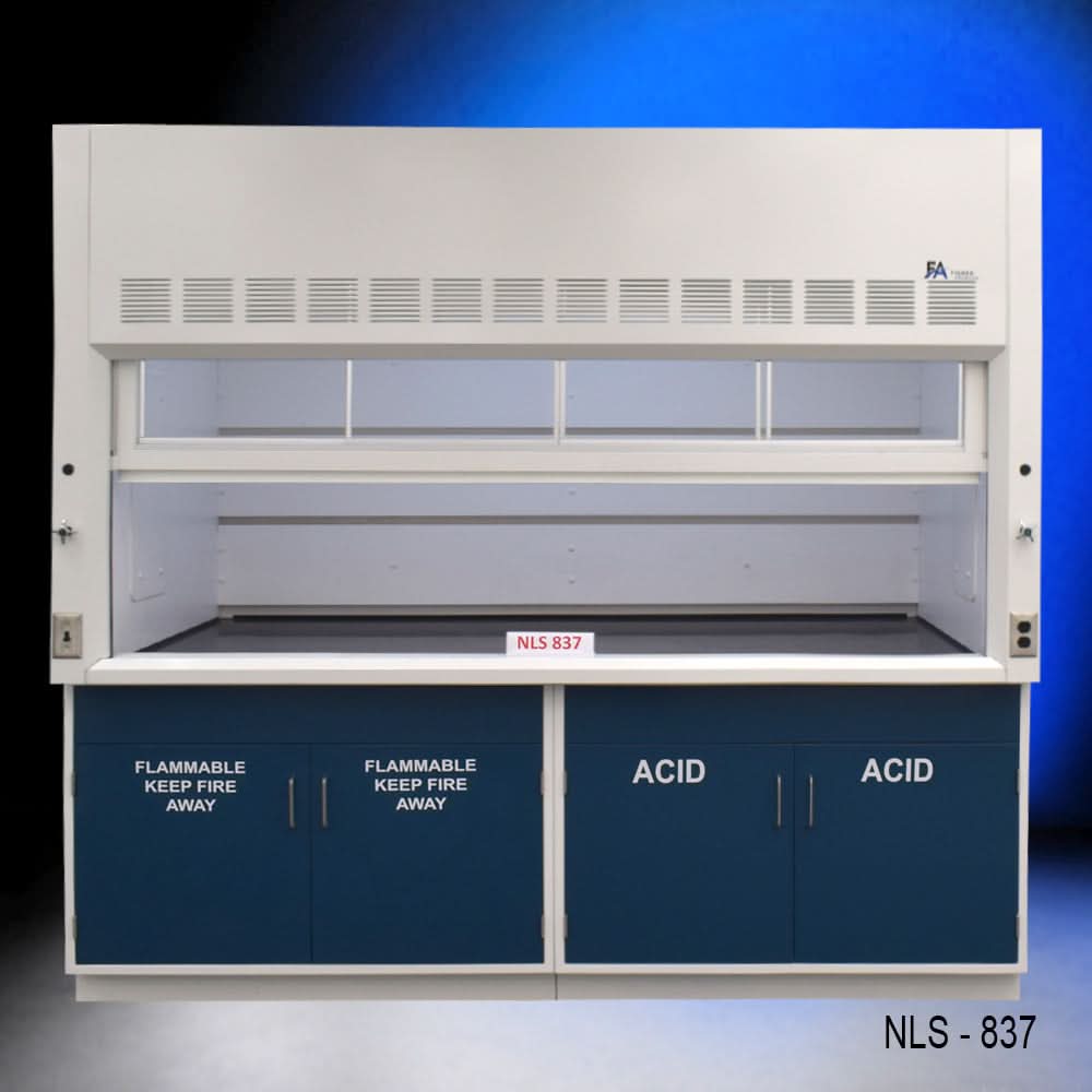 8′ x 4′ Fisher American Fume Hood w/ Blue Flammable & Acid Cabinets