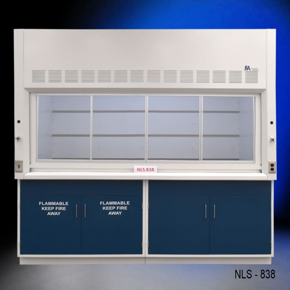8′ x 4′ Fisher American Fume Hood w/ Blue Flammable & General Cabinets