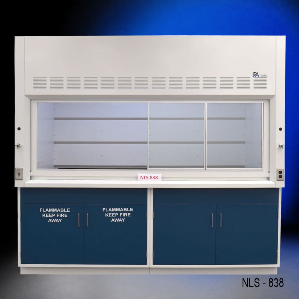 8′ x 4′ Fisher American Fume Hood w/ Blue Flammable & General Cabinets