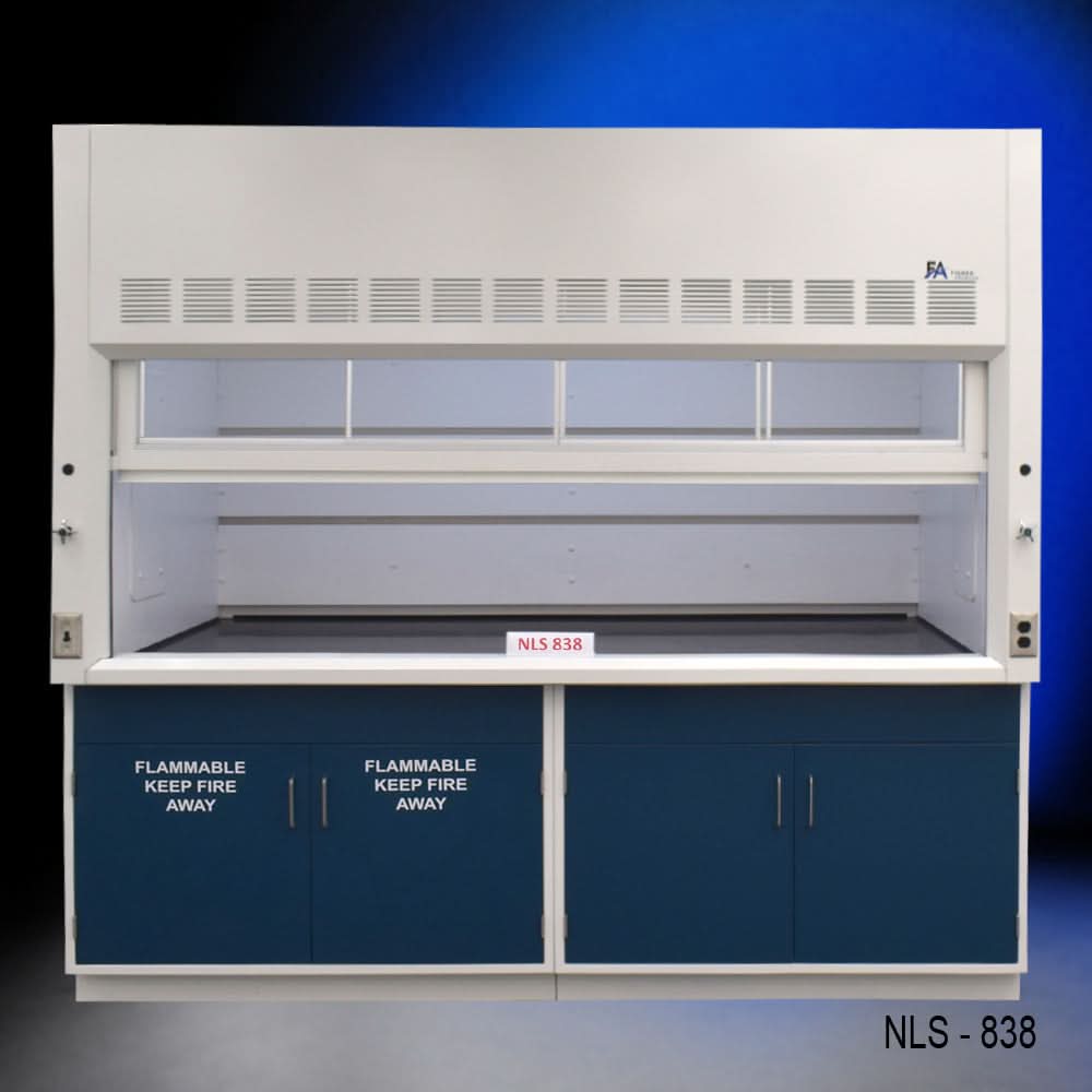 8′ x 4′ Fisher American Fume Hood w/ Blue Flammable & General Cabinets