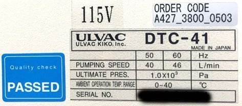 ULVAC DTC-41 110V 1.6 cfm 2-Stage Chemical-Duty Diaphragm Pump TUV