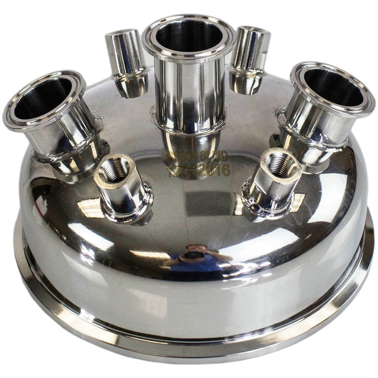 End Caps and Lids BVV 8" x (3) 1.5" Tri-Clamp x (4) 1/4" FNPT Hemispherical Lid