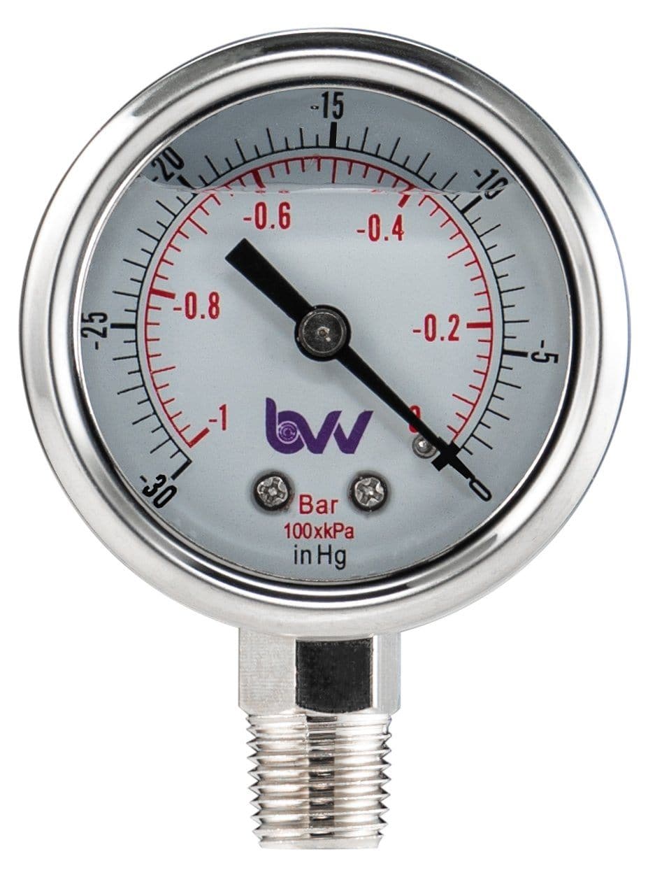 BVV Standard Glycerine Filled  Vacuum Gauge 1/4" NPT BASE