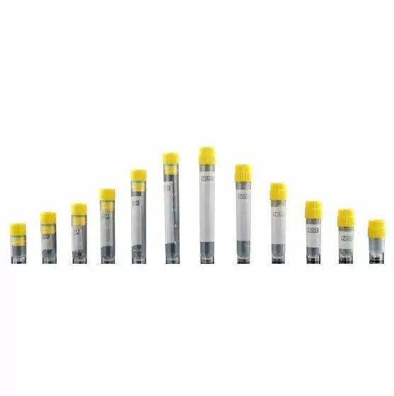 Across International NEST Cryovials 2D barcode on bottom, and 1D barcode on side, compatible with Brooks system, External threaded - Bulk packaging